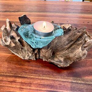 SALE!  One-of-a-Kind Molton Glass Candle in Natural Wood Holder/Decor